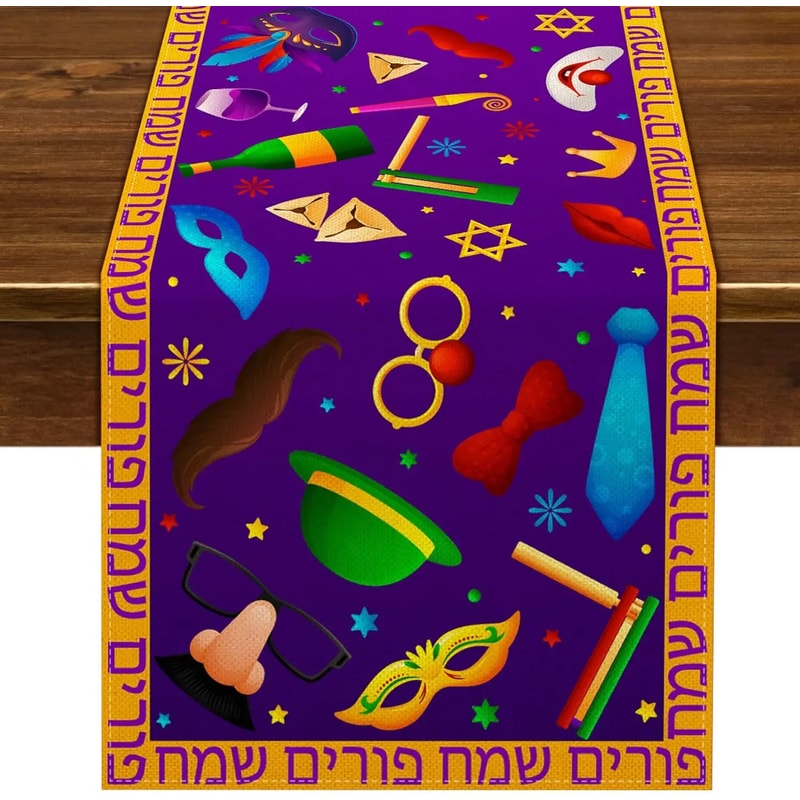 Happy Purim Linen Table Runner For Jewish Holiday Table Decor 4
