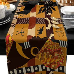 woman linen table runner with elephant and giraffe dining decor