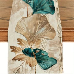 ginkgo leaf teal table runner linen botanical dining table decor