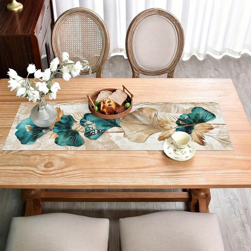 Ginkgo Leaf Teal Table Runner Linen Botanical Dining Table Decor 1