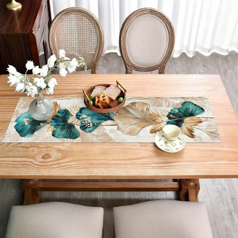 Ginkgo Leaf Teal Table Runner Linen Botanical Dining Table Decor 1