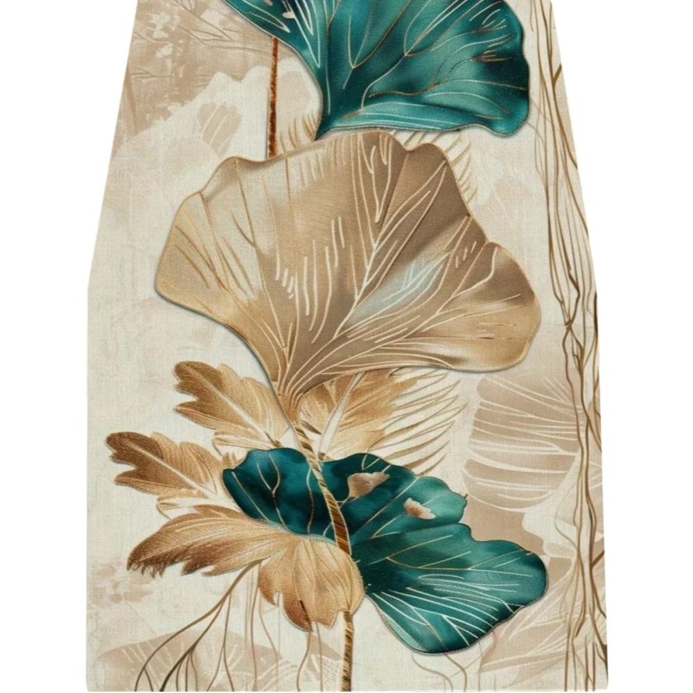 Ginkgo Leaf Teal Table Runner Linen Botanical Dining Table Decor 2