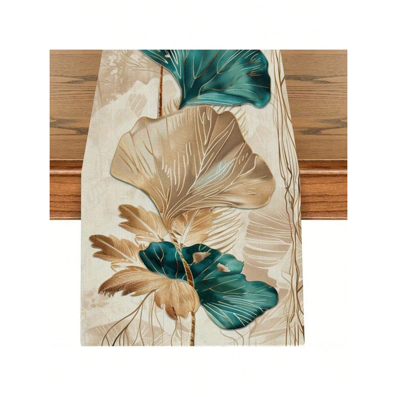 Ginkgo Leaf Teal Table Runner Linen Botanical Dining Table Decor 3