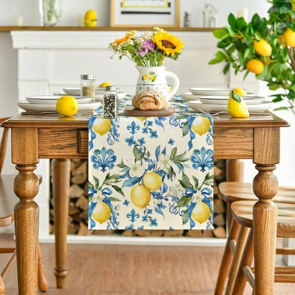 Lemon Floral Linen Table Runner For Summer Dining And Kitchen Decor 1