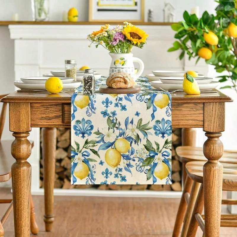 Lemon Floral Linen Table Runner For Summer Dining And Kitchen Decor 1