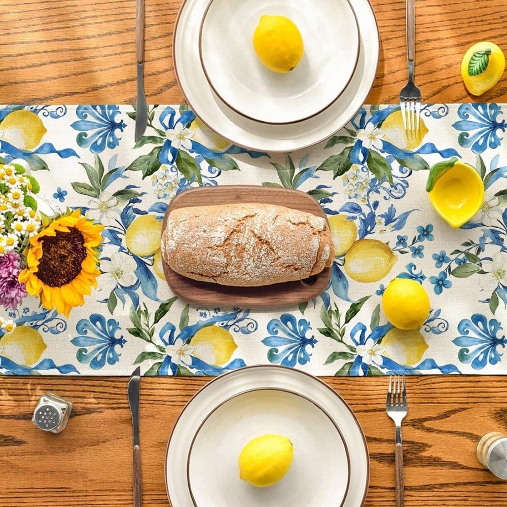 Lemon Floral Linen Table Runner For Summer Dining And Kitchen Decor 2