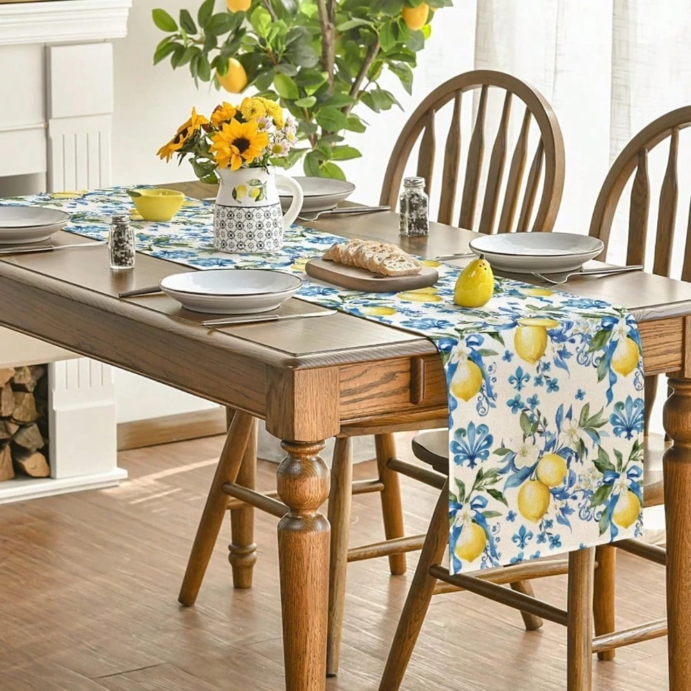 Lemon Floral Linen Table Runner For Summer Dining And Kitchen Decor 3