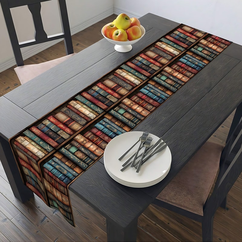 Vintage Bookshelf Table Runner For Book Lover Dining Decor 0