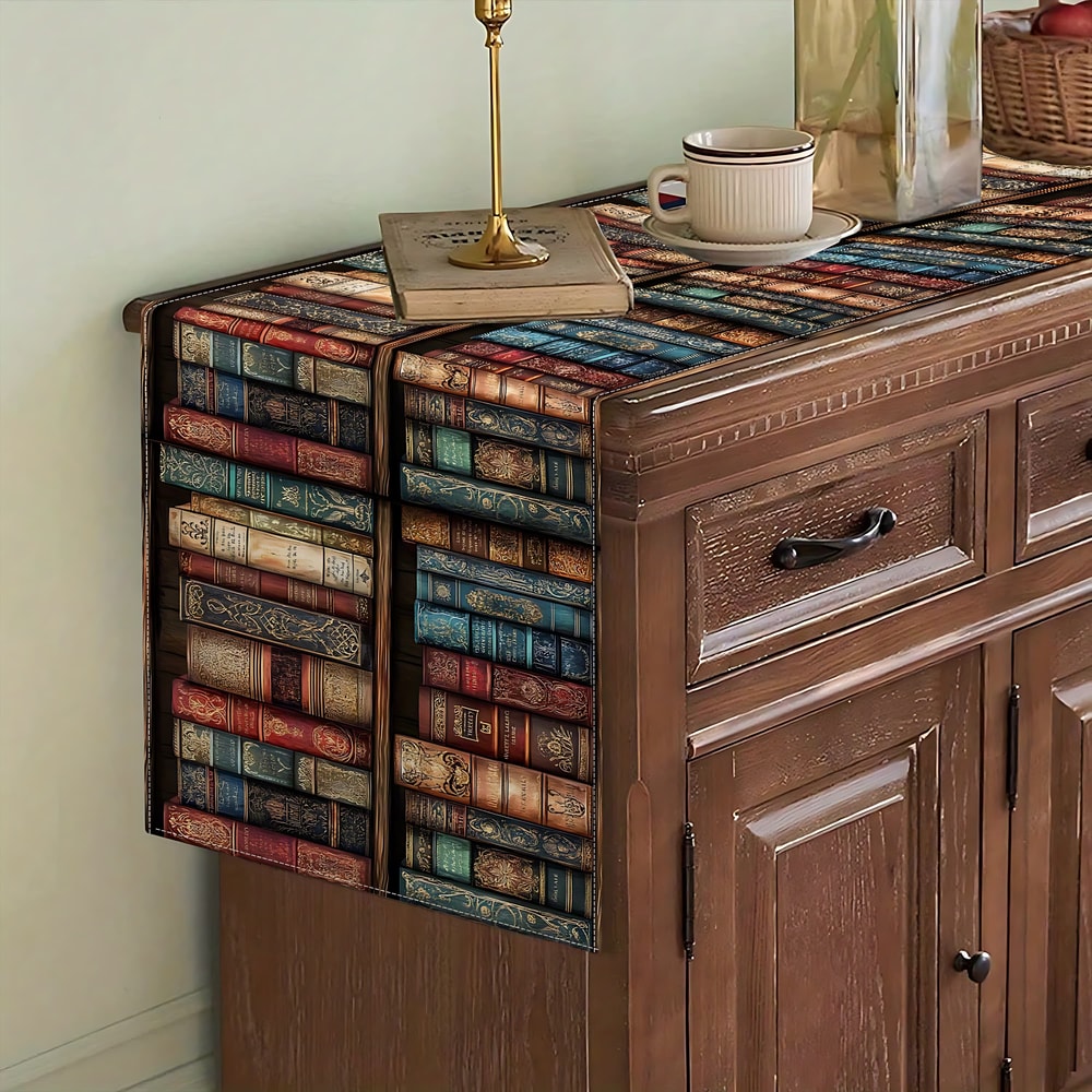 Vintage Bookshelf Table Runner For Book Lover Dining Decor 3