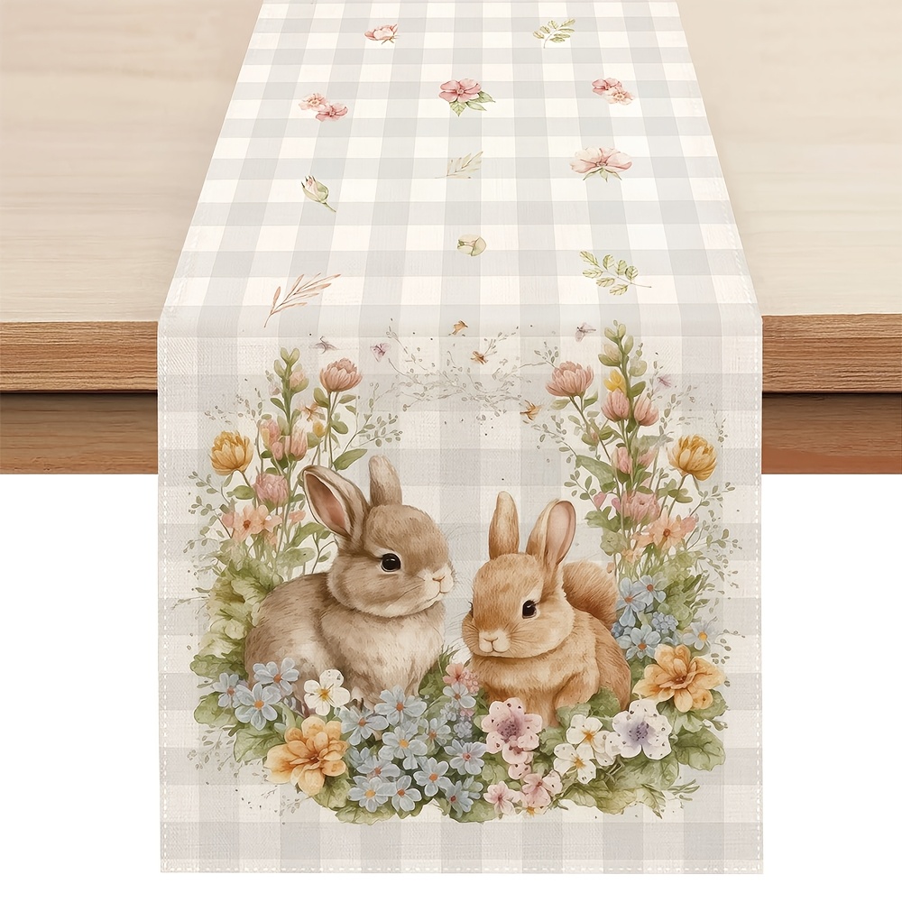 Easter Table Runner with Bunny Flowers and Buffalo Plaid Spring Decor
