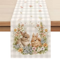 easter table runner with bunny flowers and buffalo plaid spring decor