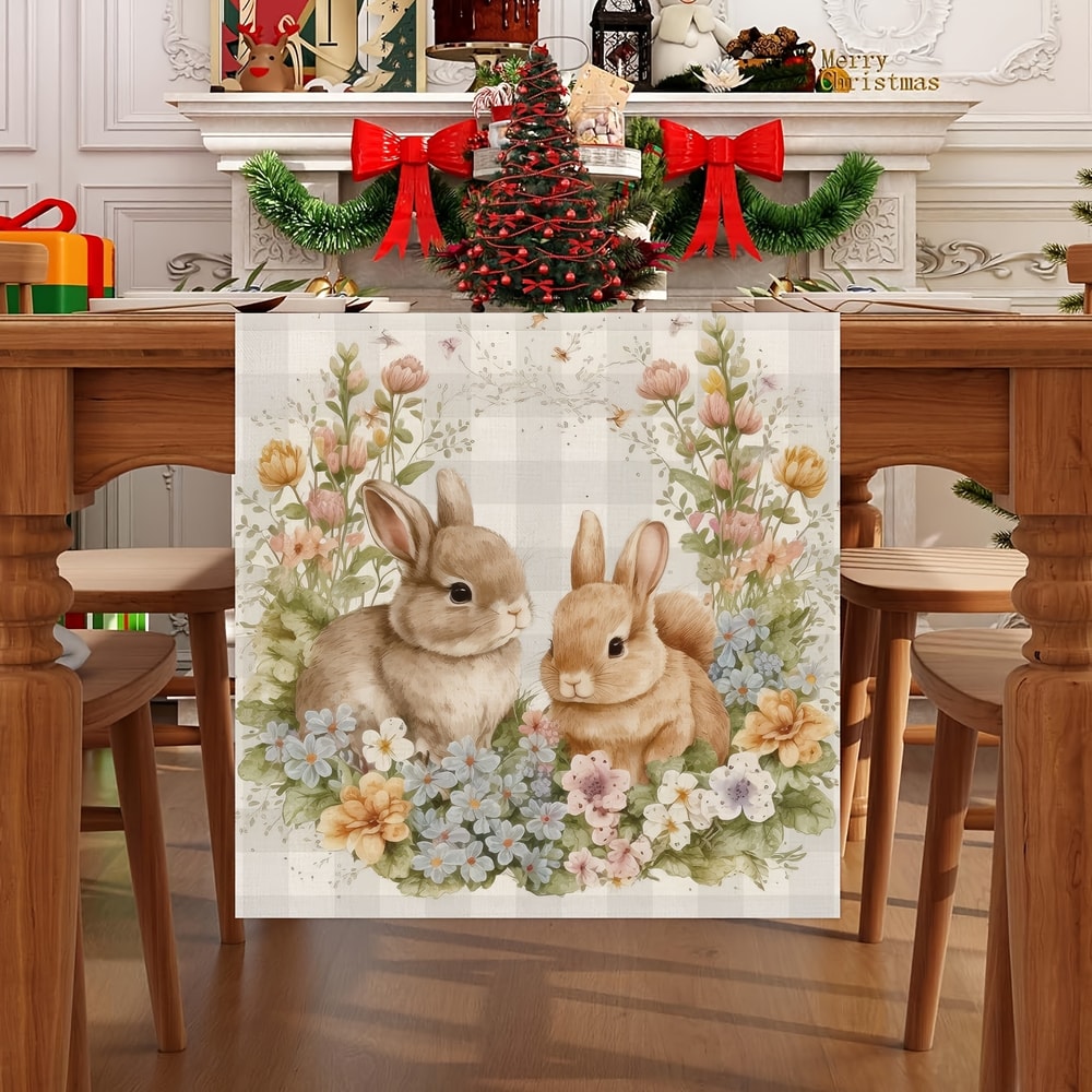 Easter Table Runner with Bunny Flowers and Buffalo Plaid Spring Decor