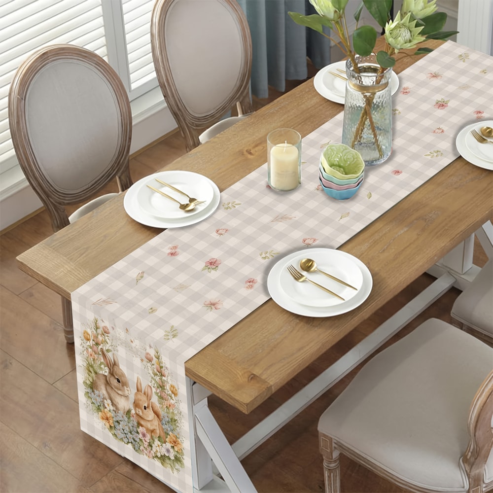Easter Table Runner with Bunny Flowers and Buffalo Plaid Spring Decor