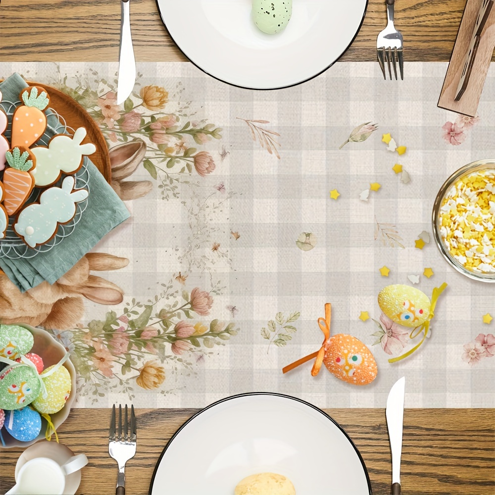 Easter Table Runner with Bunny Flowers and Buffalo Plaid Spring Decor