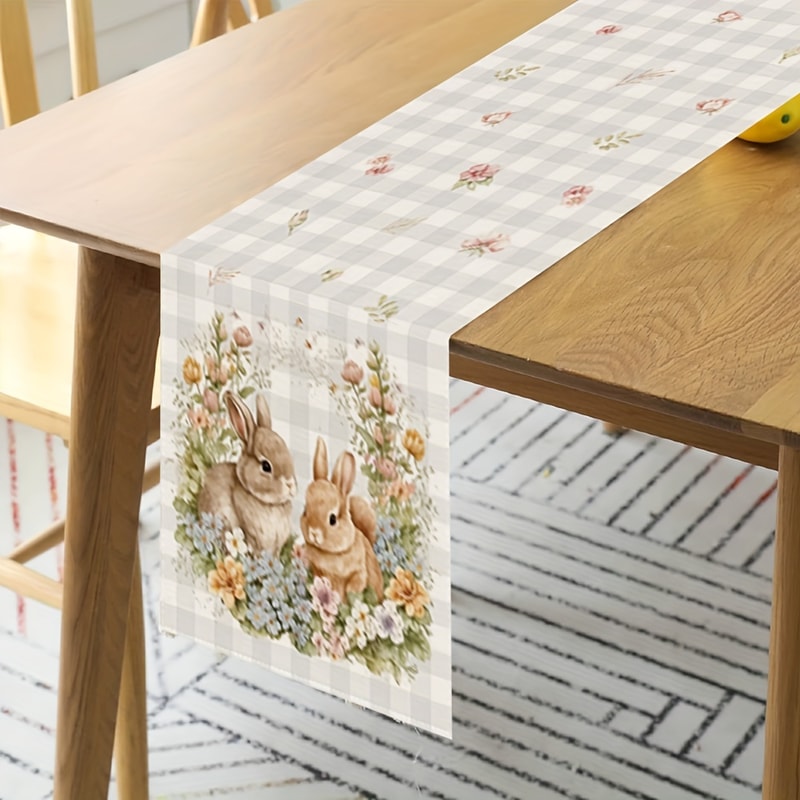 Easter Table Runner with Bunny Flowers and Buffalo Plaid Spring Decor