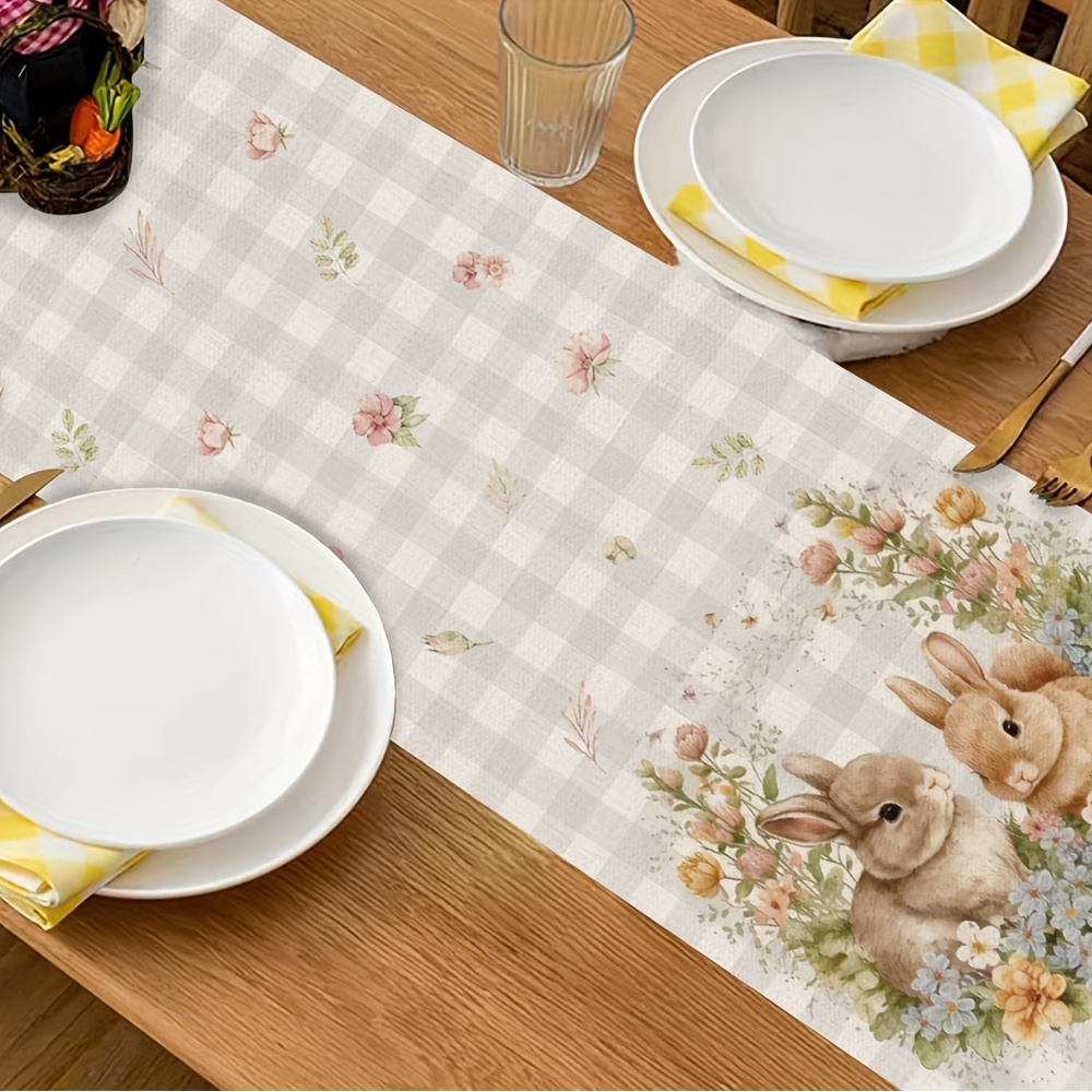 Easter Table Runner with Bunny Flowers and Buffalo Plaid Spring Decor