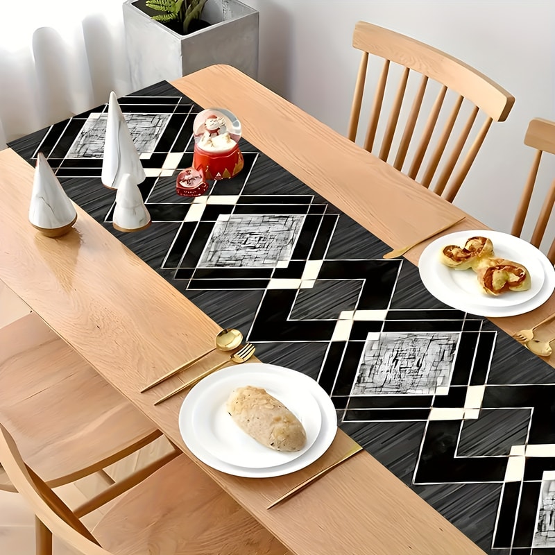 Modern Black and White Table Runner with Geometric Diamond Boho Design