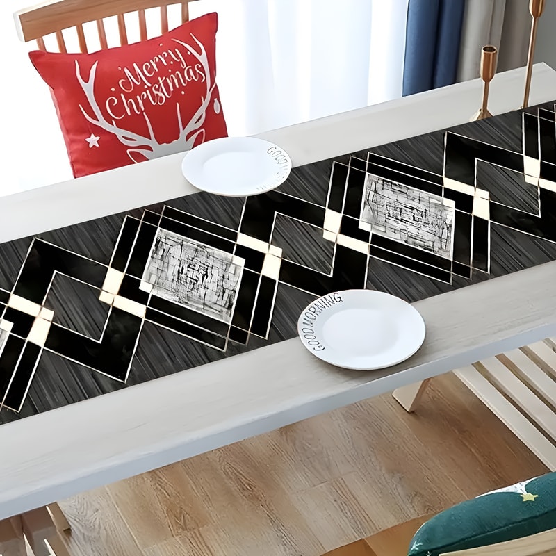 Modern Black and White Table Runner with Geometric Diamond Boho Design