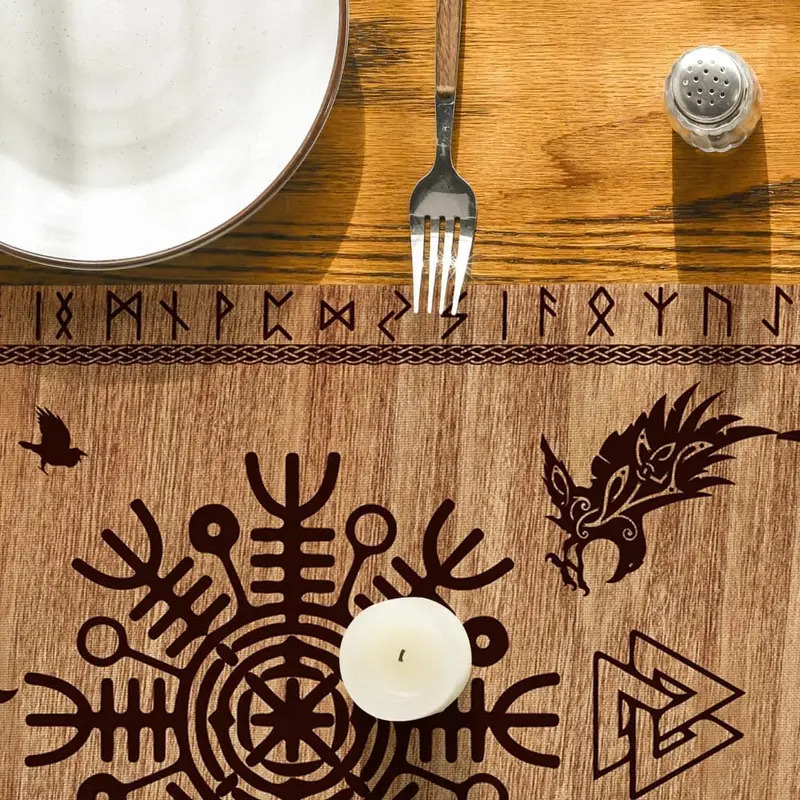 Vintage Viking Raven Table Runner Linen Feel Norse Dining Decor