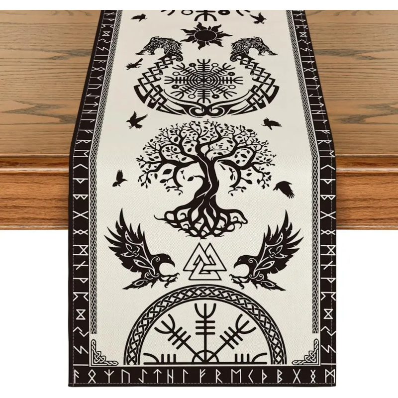Vintage Viking Raven Table Runner Linen Feel Norse Dining Decor