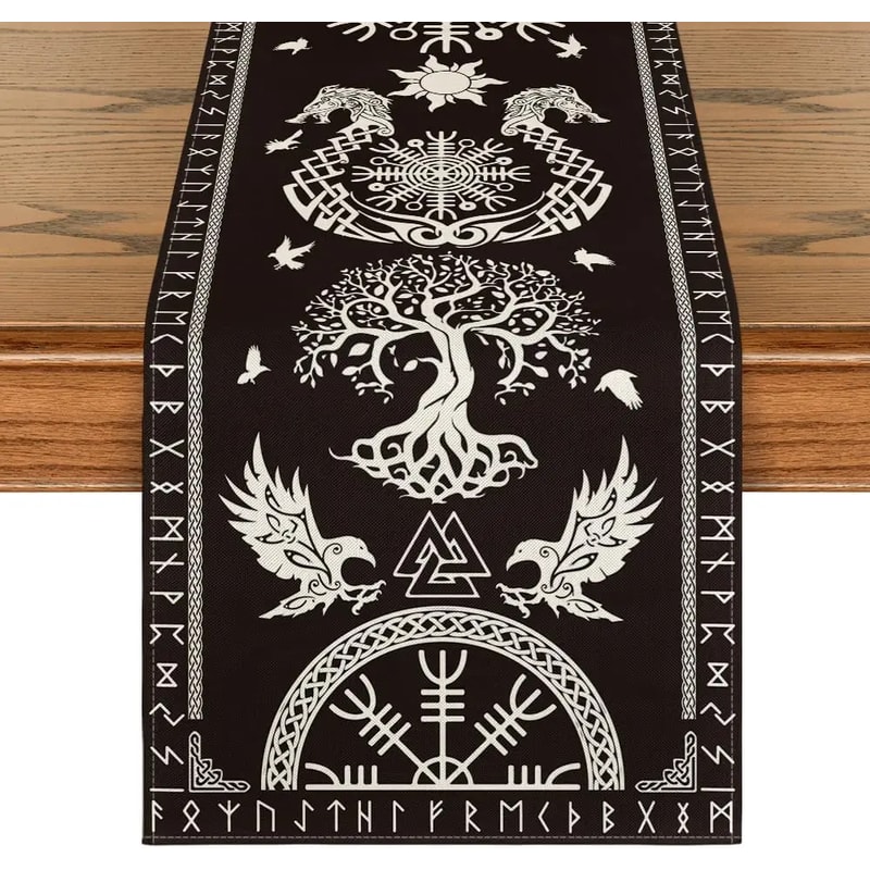 Vintage Viking Raven Table Runner Linen Feel Norse Dining Decor