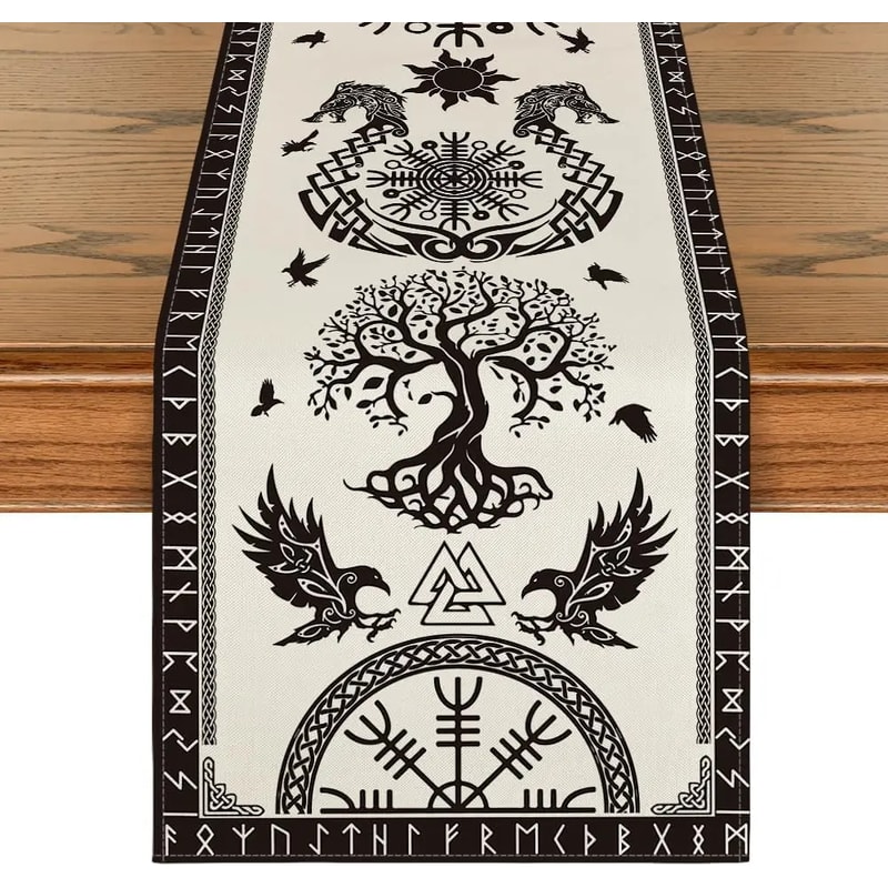Vintage Viking Raven Table Runner Linen Feel Norse Dining Decor