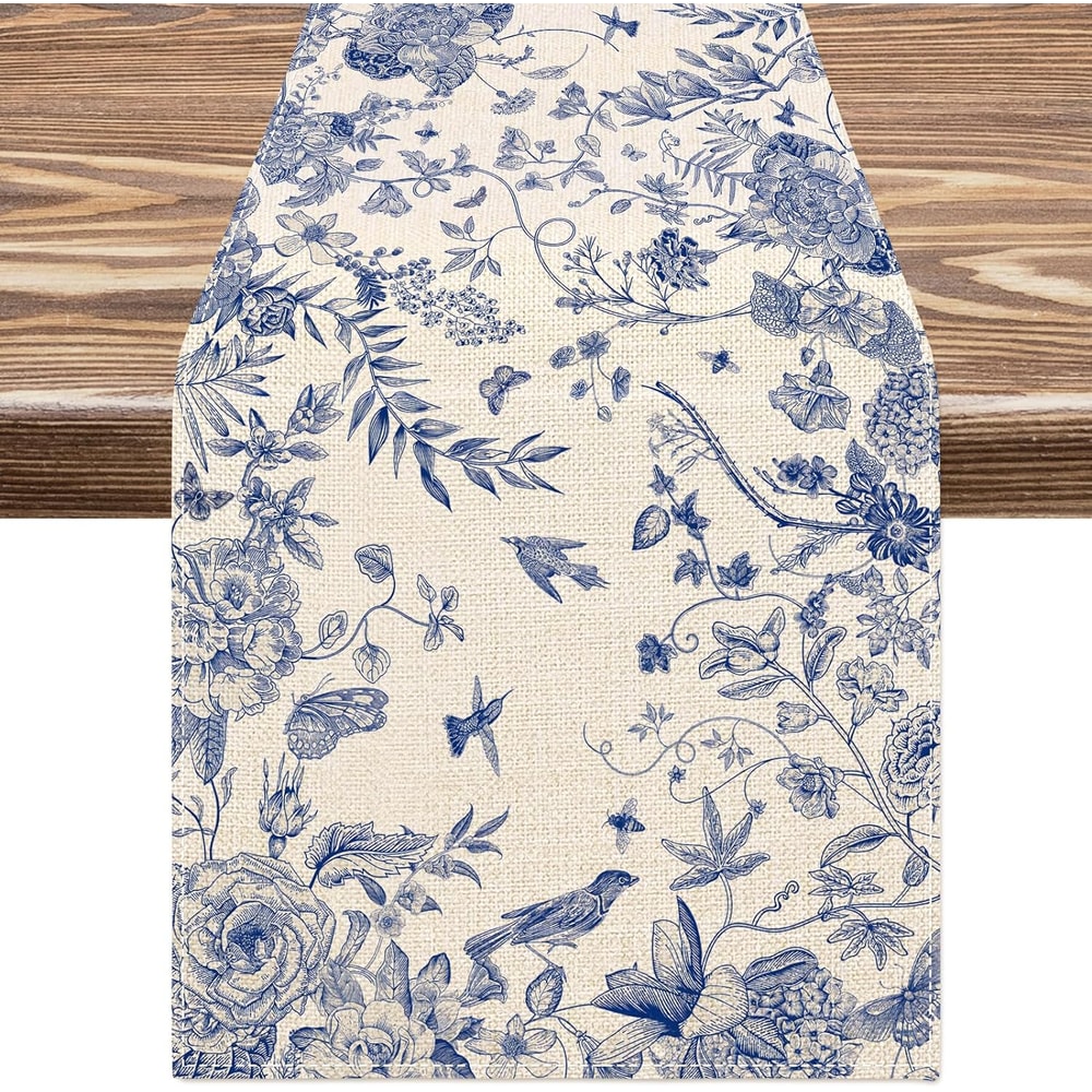 Monochrome Bird Linen Table Runner for Farmhouse Dining and Wedding Decor
