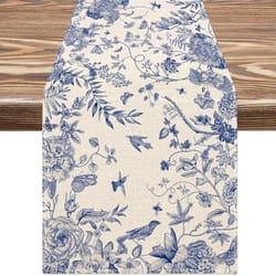 monochrome bird linen table runner for farmhouse dining and wedding decor