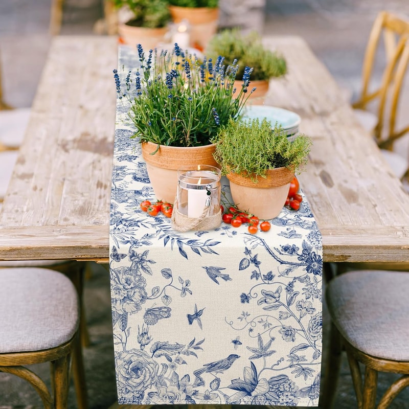 Monochrome Bird Linen Table Runner for Farmhouse Dining and Wedding Decor