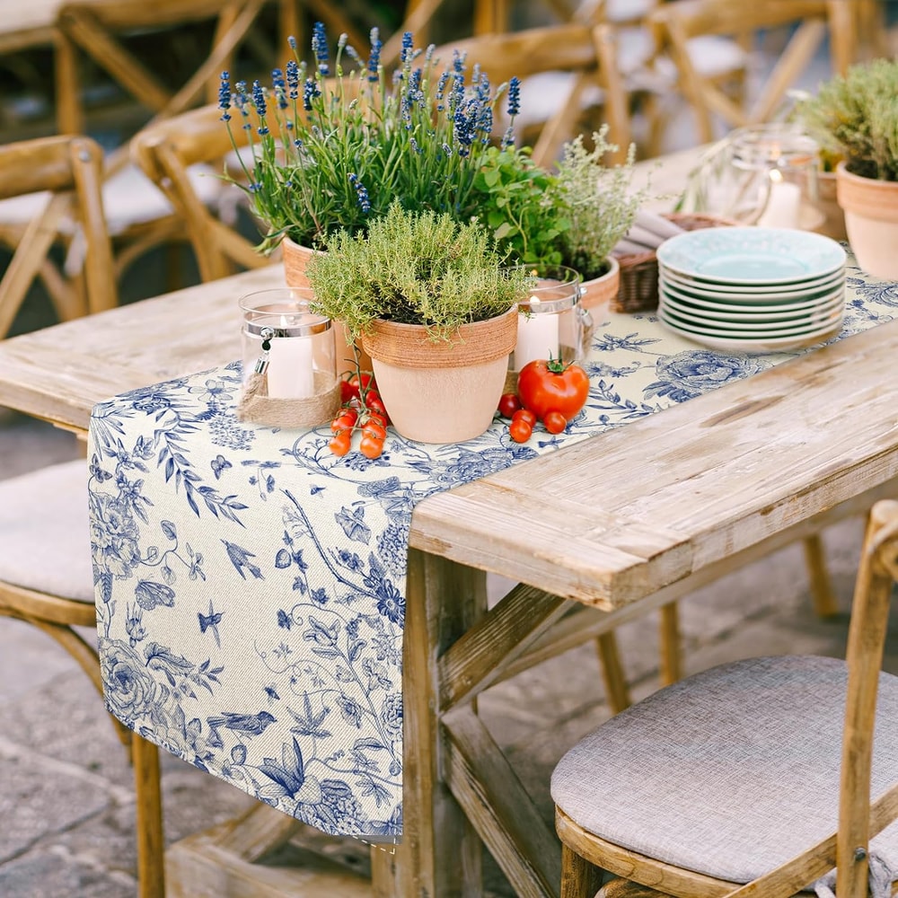 Monochrome Bird Linen Table Runner for Farmhouse Dining and Wedding Decor