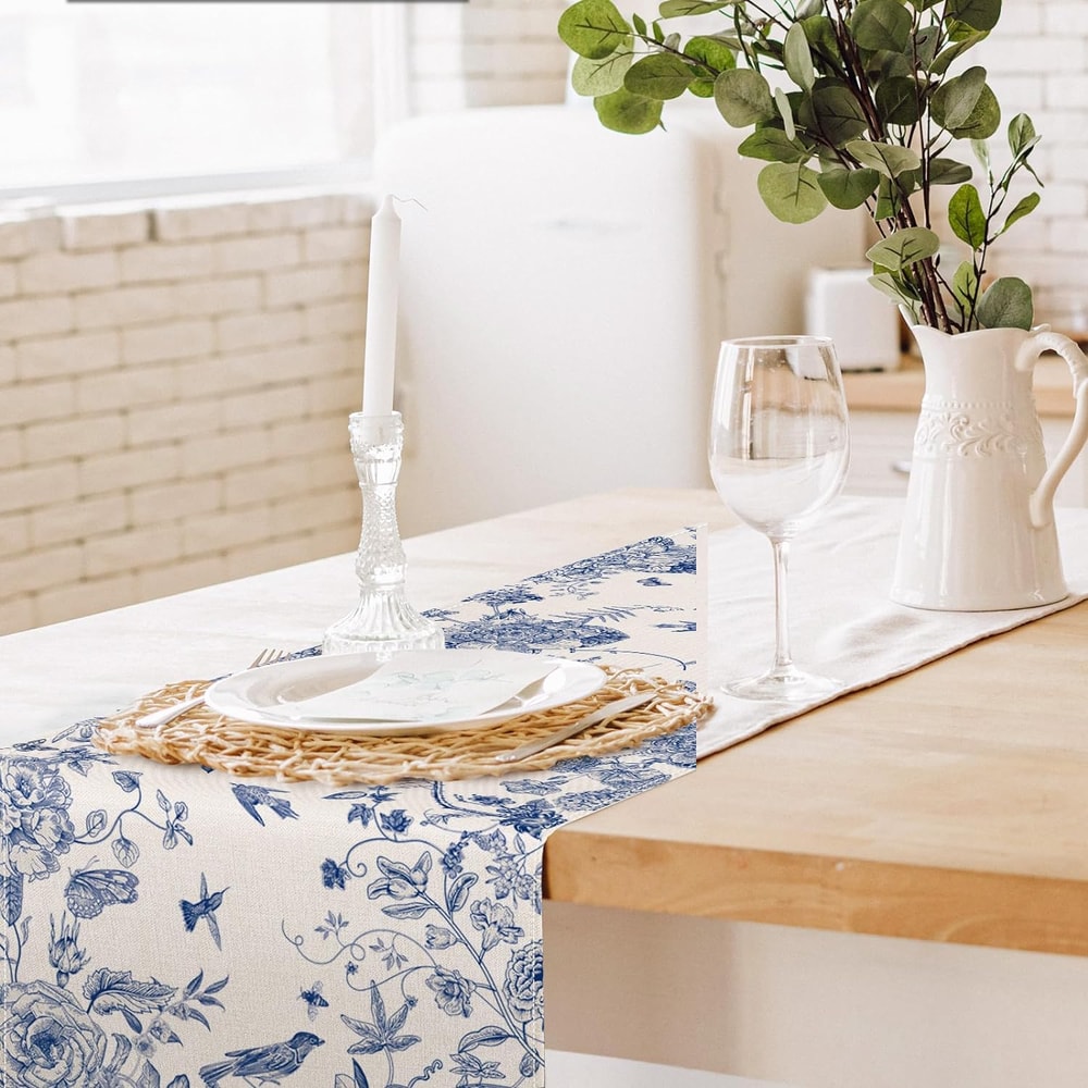 Monochrome Bird Linen Table Runner for Farmhouse Dining and Wedding Decor