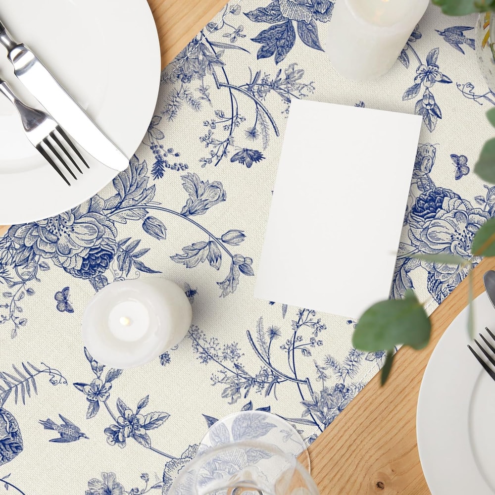 Monochrome Bird Linen Table Runner for Farmhouse Dining and Wedding Decor