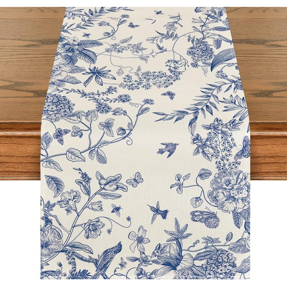 Monochrome Bird Linen Table Runner for Farmhouse Dining and Wedding Decor