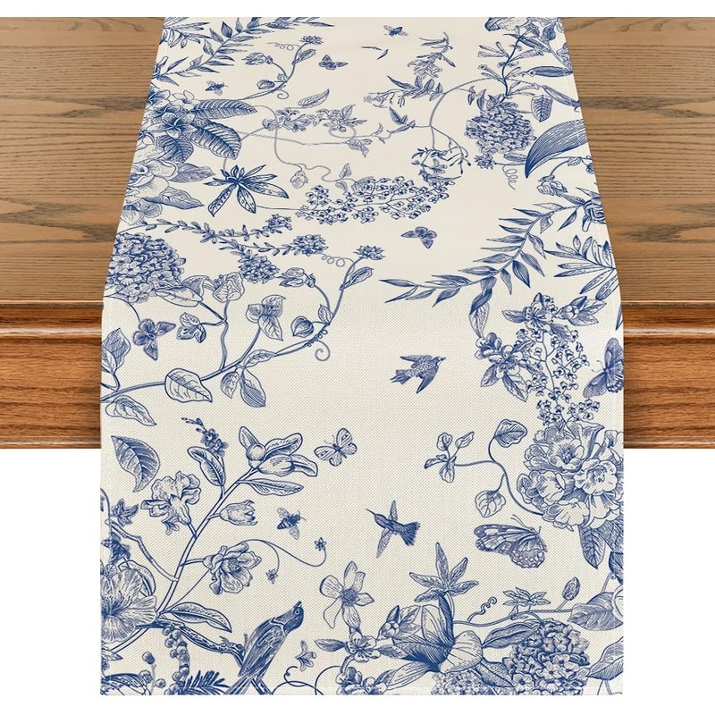 Monochrome Bird Linen Table Runner for Farmhouse Dining and Wedding Decor