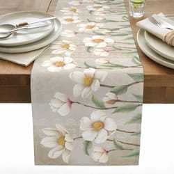 white floral linen table runner for spring dining and wedding decor