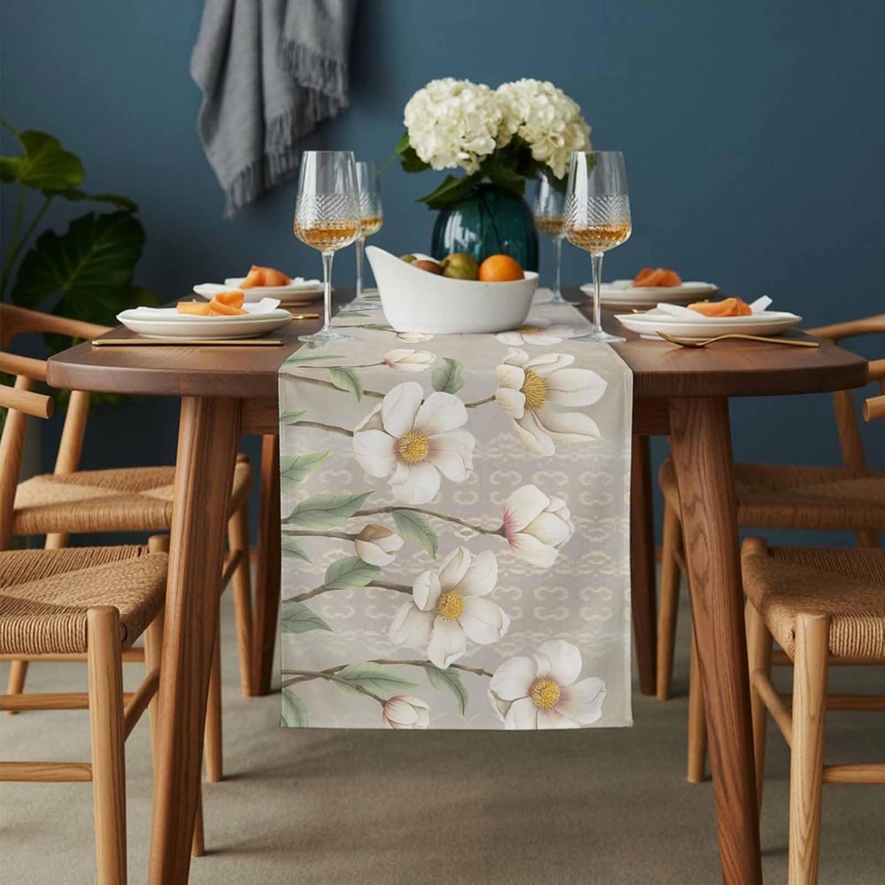 White Floral Linen Table Runner for Spring Dining and Wedding Decor