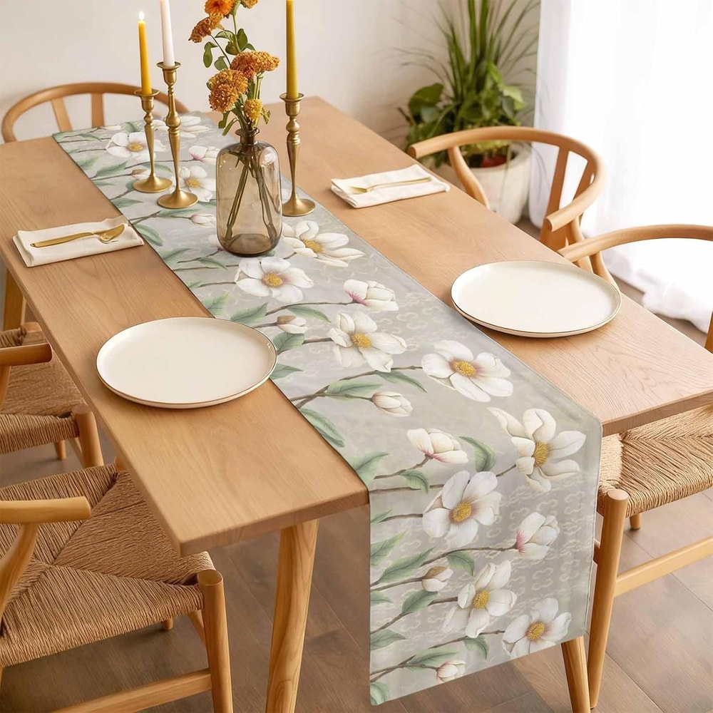 White Floral Linen Table Runner for Spring Dining and Wedding Decor