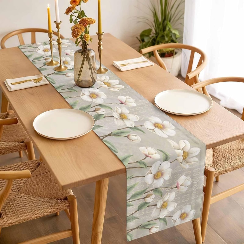 White Floral Linen Table Runner for Spring Dining and Wedding Decor