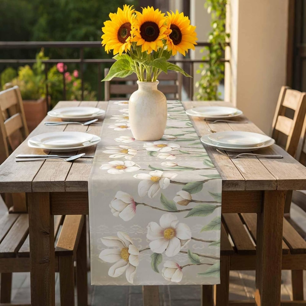 White Floral Linen Table Runner for Spring Dining and Wedding Decor