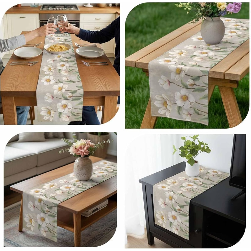White Floral Linen Table Runner for Spring Dining and Wedding Decor