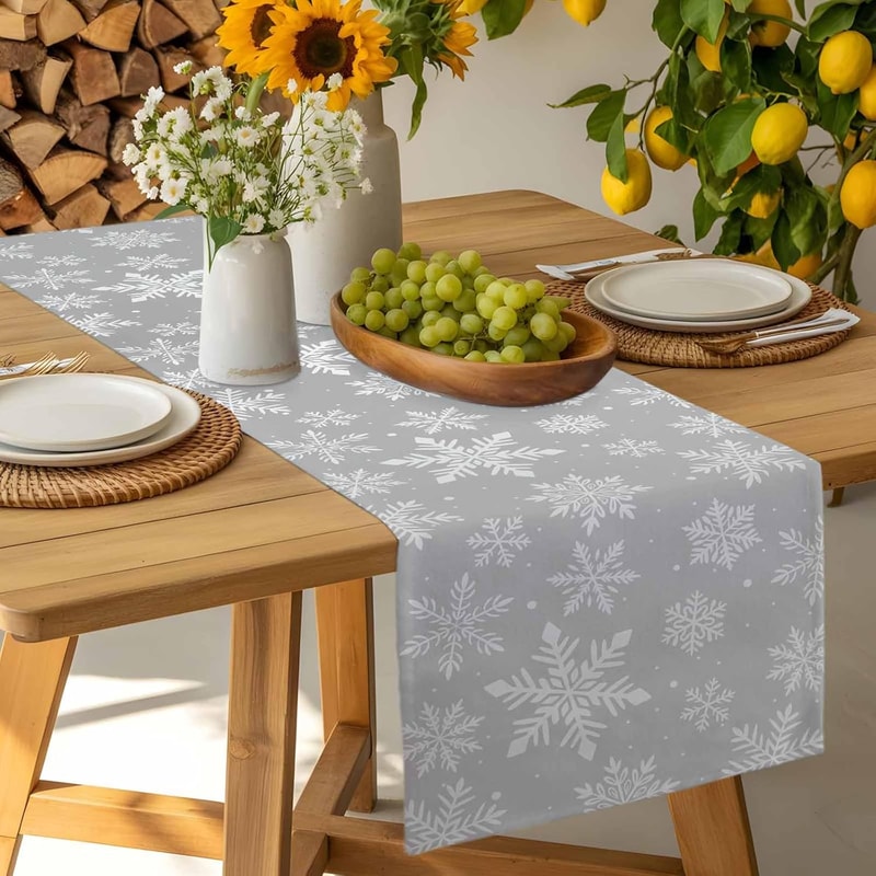 Gray Snowflake Christmas Table Runner Linen Look Winter Holiday Table Decor 1