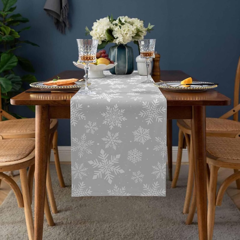 Gray Snowflake Christmas Table Runner Linen Look Winter Holiday Table Decor 2
