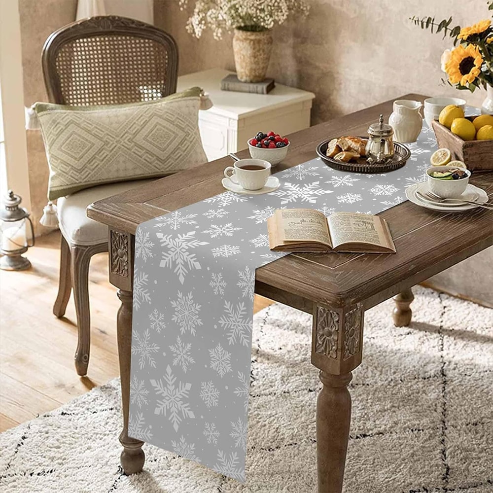 Gray Snowflake Christmas Table Runner Linen Look Winter Holiday Table Decor 3