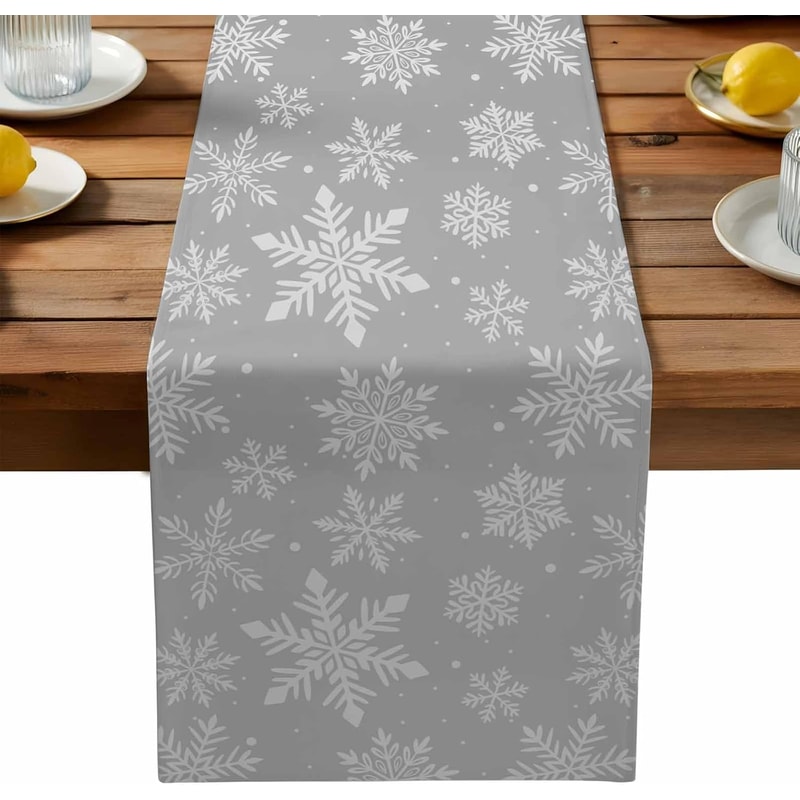 Gray Snowflake Christmas Table Runner Linen Look Winter Holiday Table Decor 5