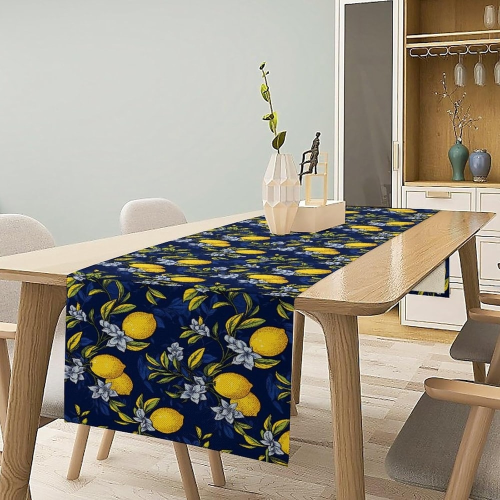 Navy Lemon Linen Table Runner For Summer Dining And Party Decor 1