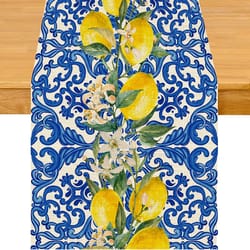 lemon blue tile linen table runner for summer dining and kitchen decor