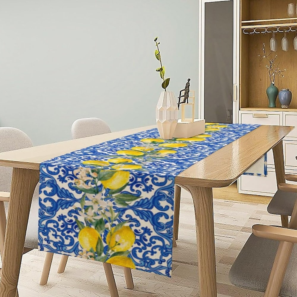 Lemon Blue Tile Linen Table Runner For Summer Dining And Kitchen Decor 1