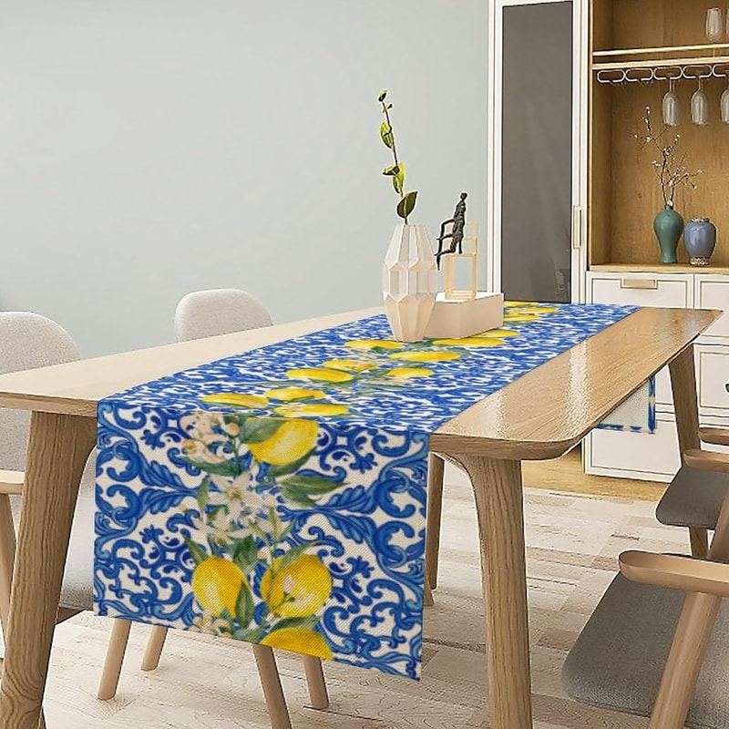 Lemon Blue Tile Linen Table Runner For Summer Dining And Kitchen Decor 1