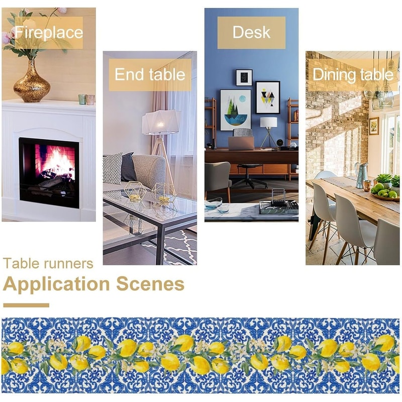 Lemon Blue Tile Linen Table Runner For Summer Dining And Kitchen Decor 3