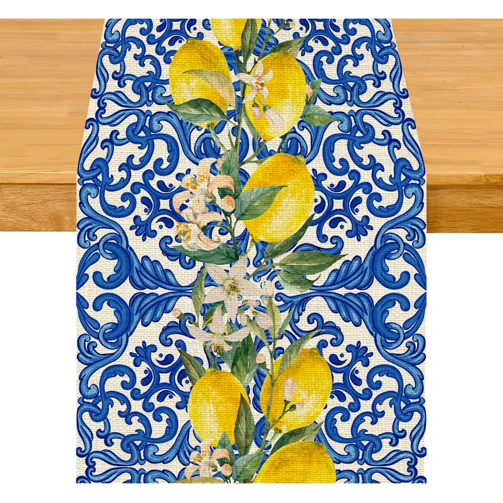 Lemon Blue Tile Linen Table Runner For Summer Dining And Kitchen Decor 4